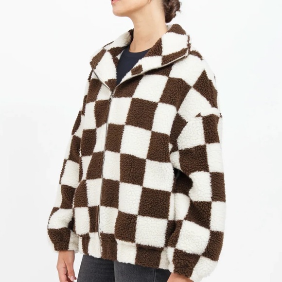 Brunette The Label Jackets & Blazers - Brunette The Label checkerboard Sherpa full zip jacket brown cream medium large